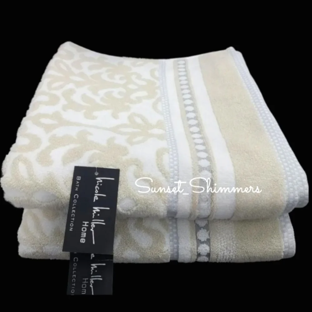 Nicole Miller 6pc Plush Damask Bath Hand Tip Towel Set Tan Gray White Cotton NEW